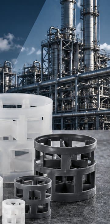 Plastic pall rings in front of a refinery distillation column